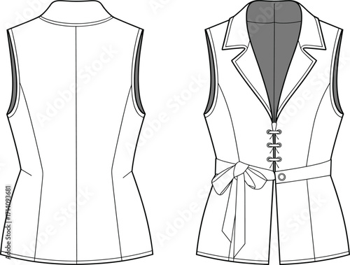 Technical fashion vector illustration of sleeveless women’s vest with notched lapel collar, lace up front, princess seams, belted waist design