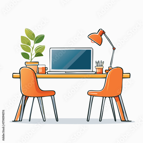 Modern Workspace with Orange Chairs and Desk Lamp