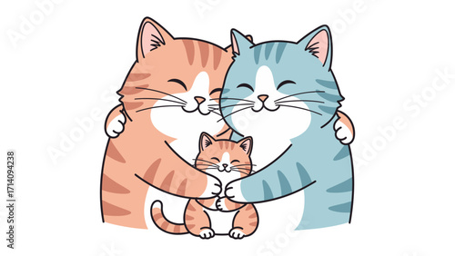 Cozy Cat Family Hug: A heart-warming illustration depicts a close-knit cat family, embracing with affectionate hugs, their smiles radiating love and togetherness.