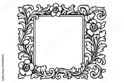 Black and white vector artwork of a carved wooden frame, highlighted with thick black outlines, perfect for artistic projects, design layouts, and decorative purposes.