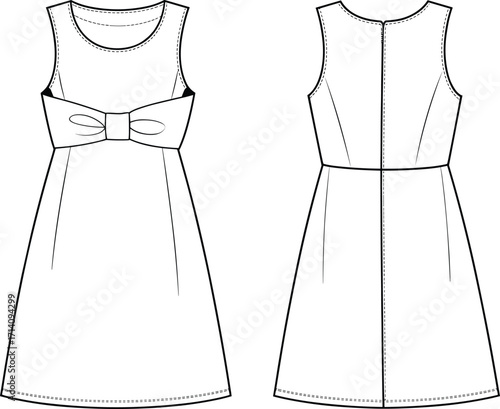 Technical fashion vector illustration of sleeveless A-line dress with round neckline, waist bow detail, flared skirt, front and back views