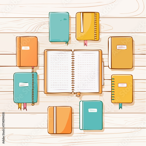 Open Notebook Surrounded by Closed Notebooks on Wooden Background