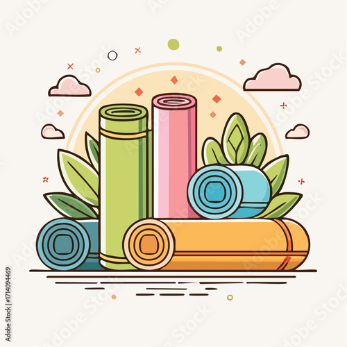 Colorful Yoga Mats with Green Leaves and Clouds