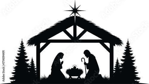 Nativity, scene, Christmas, stable, star, Bethlehem, Mary, Joseph, baby Jesus, pine trees, vector, black, white, design, art, religious, Christian, festive, seasonal, symbol
