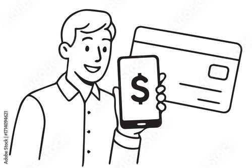 Minimalist vector of a man using a debit card for payment, rendered in monochrome with strong black outlines, suitable for financial or commercial designs.