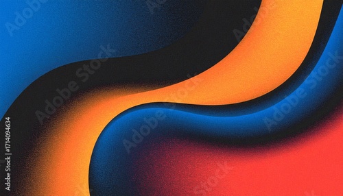 Cosmic Swirl A Vibrant and Abstract Poster Background with a Grainy Texture, showing a Bold Swirl of Orange and Blue on a Dark Black Backdrop