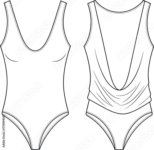 Technical fashion vector illustration of women’s sleeveless bodysuits with scoop neckline, draped cowl back, high cut leg openings, front back