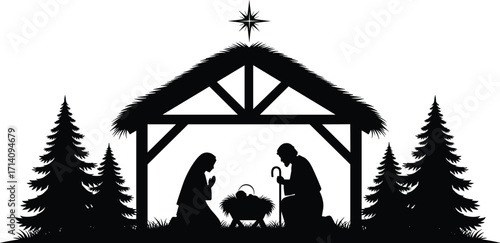 Nativity, scene, Christmas, stable, star, Bethlehem, Mary, Joseph, baby Jesus, pine trees, vector, black, white, design, art, Christian, religious, festive, seasonal, symbol