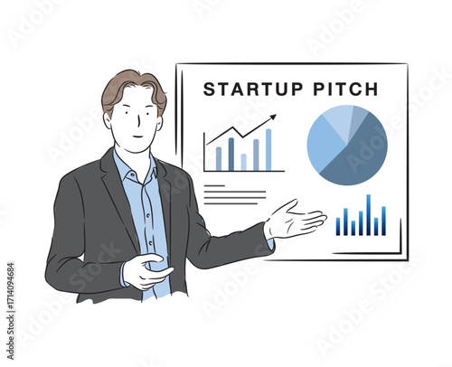 Vector Startup Pitch Presentation : A dynamic young entrepreneur confidently presents his innovative startup pitch, gesturing towards an engaging slide display, showcasing his ideas and vision for suc
