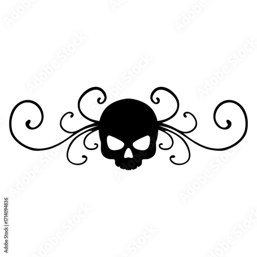 Logo con silueta de calavera humana con filigrana caligráfica. Silueta con florituras para su uso en tarjetas y felicitaciones de Halloween