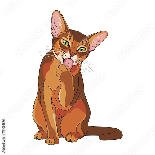 Elegant feline grace: A meticulously illustrated cat with a warm-toned coat grooms itself with an air of serene self-sufficiency, its eyes alight with a subtle allure.