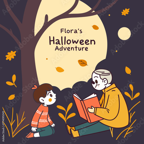 little boy reading Halloween Night with grandpa