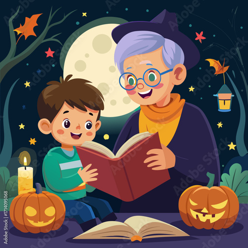 little boy reading Halloween Night with grandpa 