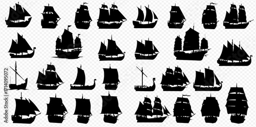 A collection of black silhouettes depicting various historical sailing ships and ancient boats.