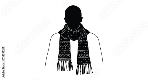 Silhouette of a person wearing a detailed patterned winter scarf