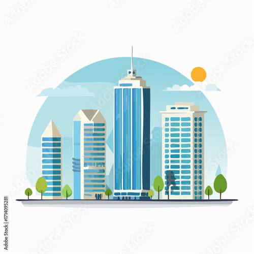 Modern City Skyline Illustration with Blue Glass Buildings