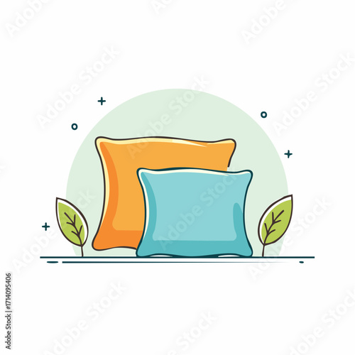 Orange and Teal Pillows on Green Background