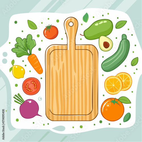 Wooden Cutting Board with Fresh Vegetables and Fruits