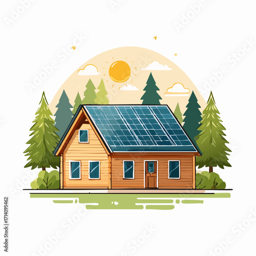 Wooden Cabin with Solar Panels in Sunny Forest