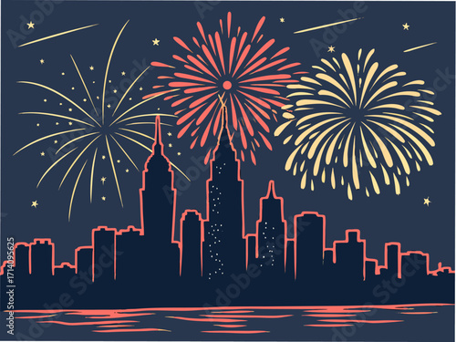 Spectacular New York City skyline bursts with vibrant fireworks celebration over water