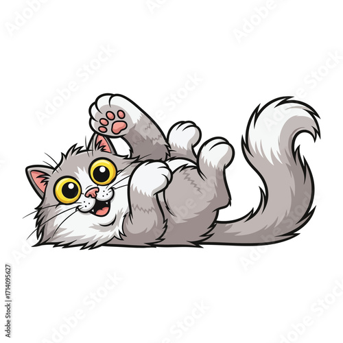 Playful Cat: A charming illustration of a fluffy cat, lying on its back, exuding an aura of joy and happiness. Its innocent expression and playful pose are beautifully captured