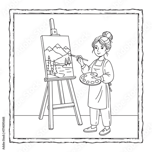 Happy Female Artist Painting a Landscape on an Easel Creative Hobby Colouring Page
