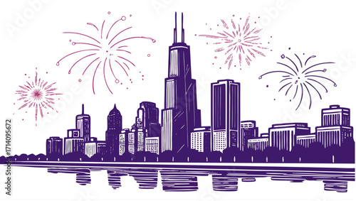 Vibrant city skyline celebrates with dazzling fireworks display over water reflection