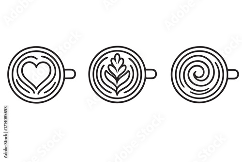 Clean minimalist vector of three different latte art styles in coffee cups, rendered in monochrome with strong black outlines for stylish café visuals.
