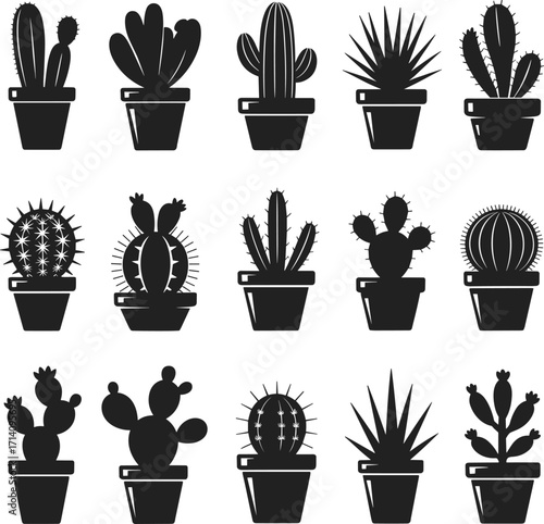 Silhouette collection of fifteen potted cactus and succulent plants, botanical vector illustration for desert flora, gardening, nature decor, and educational projects