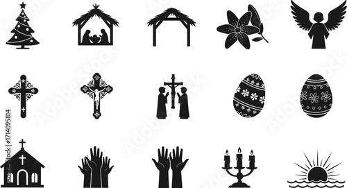 Religious icons and Christian symbols set, including Christmas, Easter, cross, nativity, angel, church, prayer, and worship graphics.