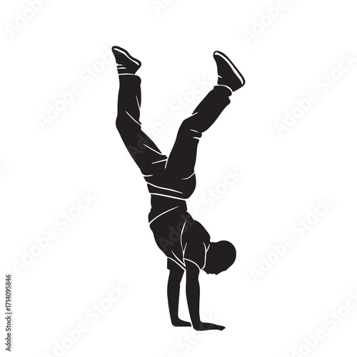 A stylish black and white vector shows a male breakdancer silhouette, outlined in bold black, capturing rhythm, energy, movement, and vibrant street culture style.