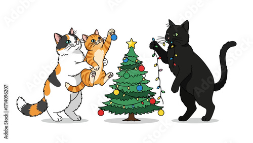 Festive feline fun: Adorable cats work together, decking a vibrant Christmas tree, creating a heartwarming holiday scene filled with joy and feline charm.