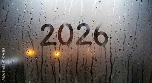 Year 2026 written on misty window with raindrops and warm light  
