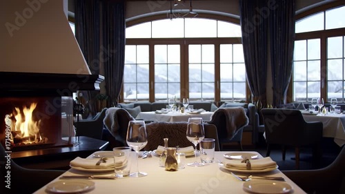 Cozy Restaurant Interior with Fireplace Tables and Mountain View Through Large Windows