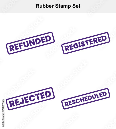 Purple Rubber Stamps on White Background with Refunded, Registered, Rejected