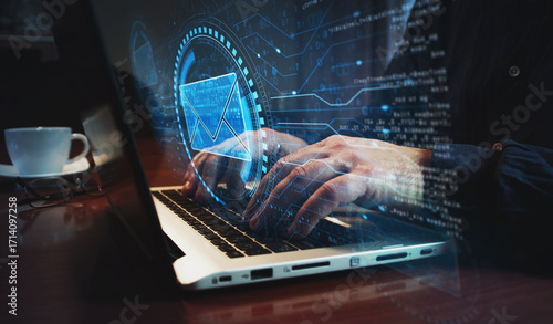 Envelope email and mail message symbol and man typing keyboard