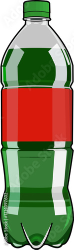 Big green plastic bottle with red label designed for beverage storage and transport in a simple vector style