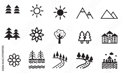 Nature and Farming Icons – Agriculture, Landscape, Eco-Friendly, and Rural Lifestyle Vector Set