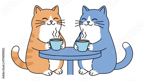 Cat's Coffee Date: Two adorable cats, one orange and one blue, share a cozy coffee date at a small table, emanating a sense of warmth and friendship.