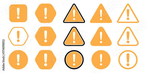 Set of danger triangle vector icon on isolated transparent background, caution, warning icon, exclamation marks, attention, error.