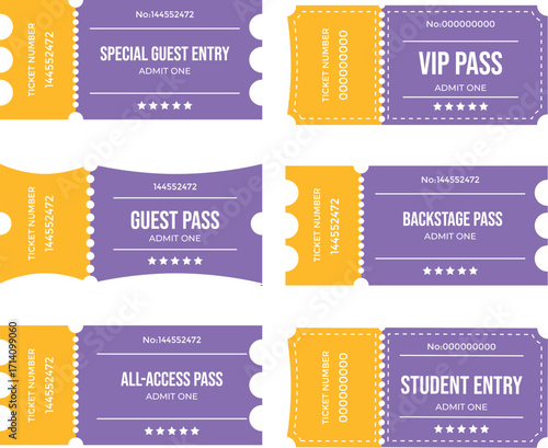Event ticket pass set for various entries including VIP and backstage