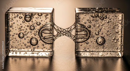 Two Clear Cubes Connected by Bubbles A Microscopic Water Bridge