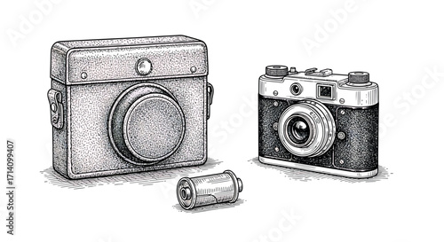 Vintage Film Camera Collection with Case and Film Roll Line Art Illustration