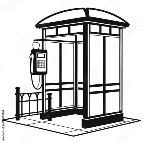 Black and White Illustration of a Vintage Bus Stop Shelter with a Public Payphone Booth public transport