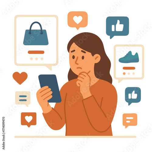 Flat vector illustration of woman confused while choosing product online with social media icons around. Concept of consumer dilemma, online shopping stress and digital decision making