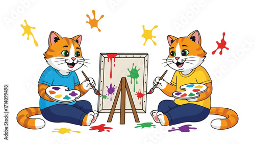 Artistic Duo: Two charming cartoon cats collaborate on a vibrant canvas. Depicting a playful scene of creativity and collaboration.
