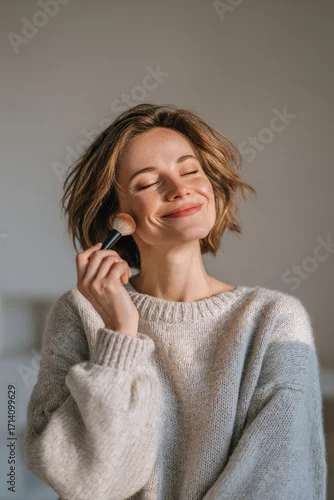 Obraz woman tenderly applying makeup with brush against soft milky background showcasing her morning routine