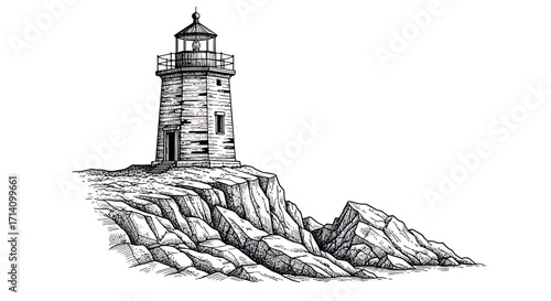 Hand Drawn Lighthouse on Rocky Cliff Coast Black and White Sketch Illustration