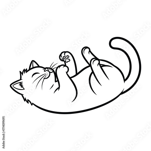 Playful Kitty's Joy: A cartoon kitten, drawn in outline style, experiences the sheer joy of play, seen from a delightful view.