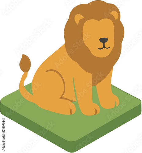 Majestic orange lion sitting calmly on green grass.